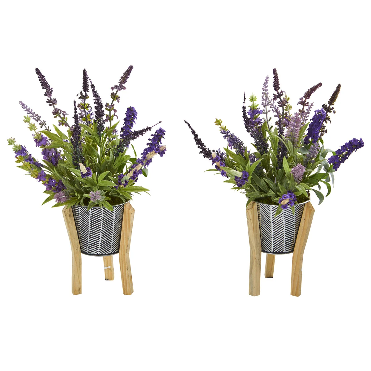 Nearly Natural 8934-S2 16" Artificial Green & Purple Lavender Plant in Tin Planter with Legs, Set of 2