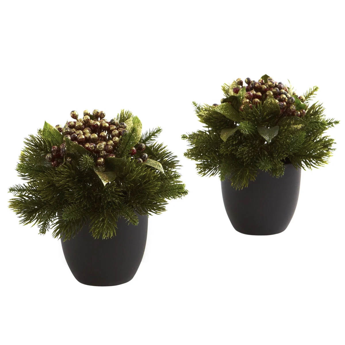 Nearly Natural 4981-S2 7" Artificial Green Pine & Berries with Black Planter, Set of 2