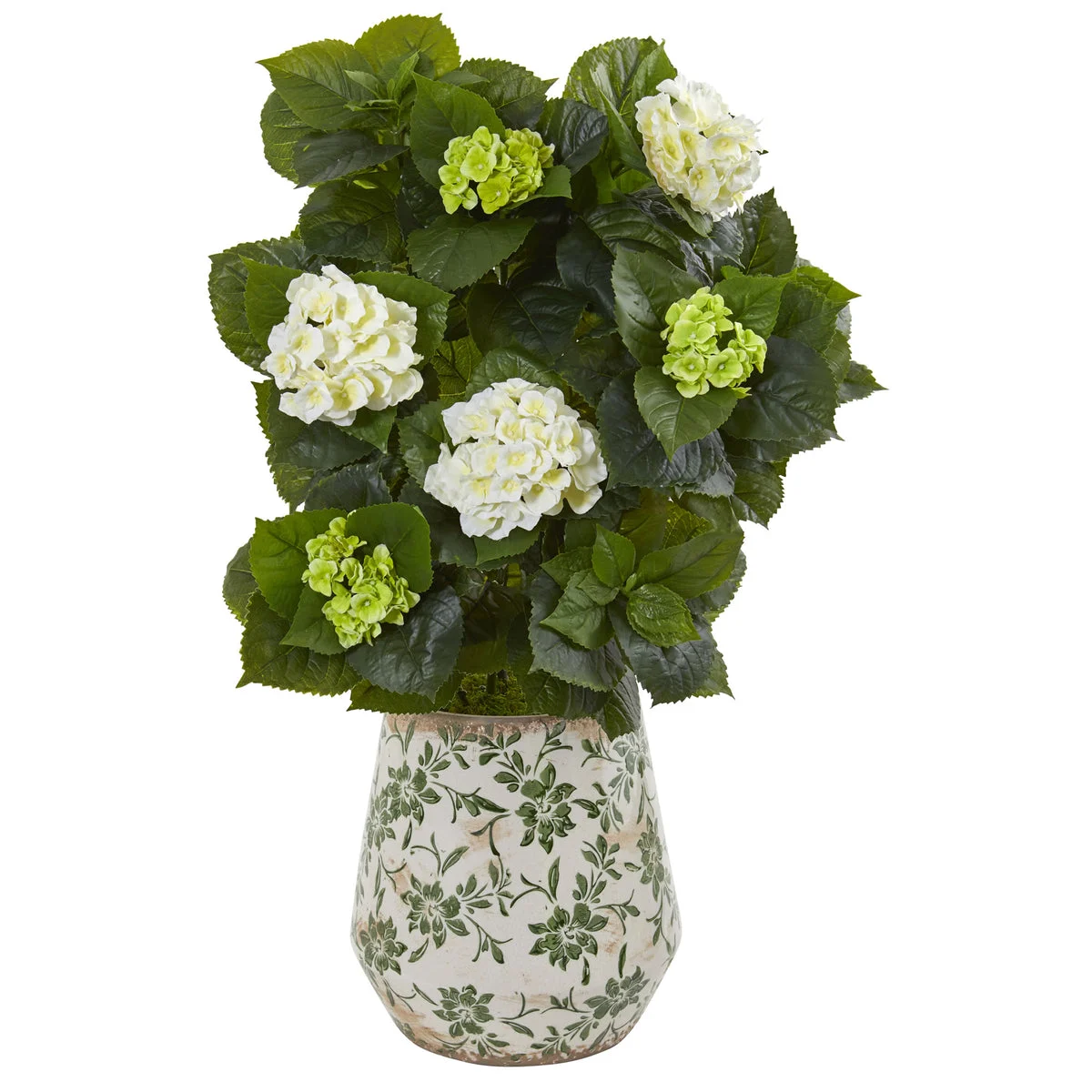Nearly Natural 9419 35" Artificial Green & White Hydrangea Plant in Decorative Vase