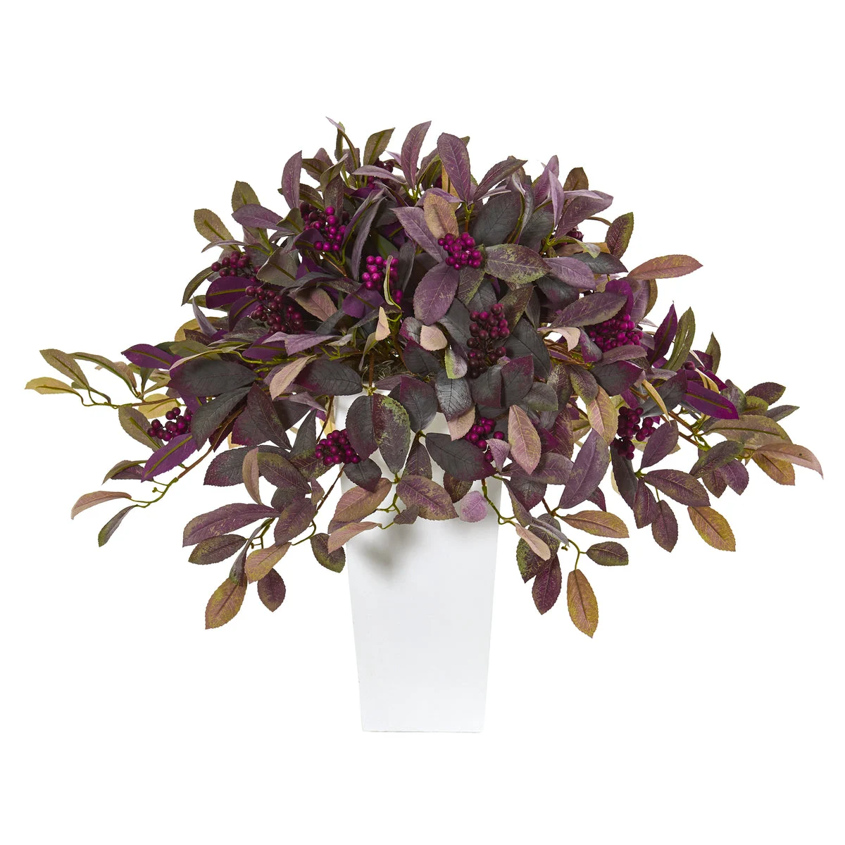 Nearly Natural P1144 23" Artificial Purple Fall Laurel Leaf with Berries Plant in White Planter