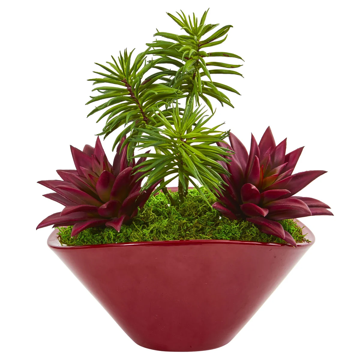 Nearly Natural 8470 11" Artificial Green & Burgundy Succulent Garden Plant in Burgundy Vase