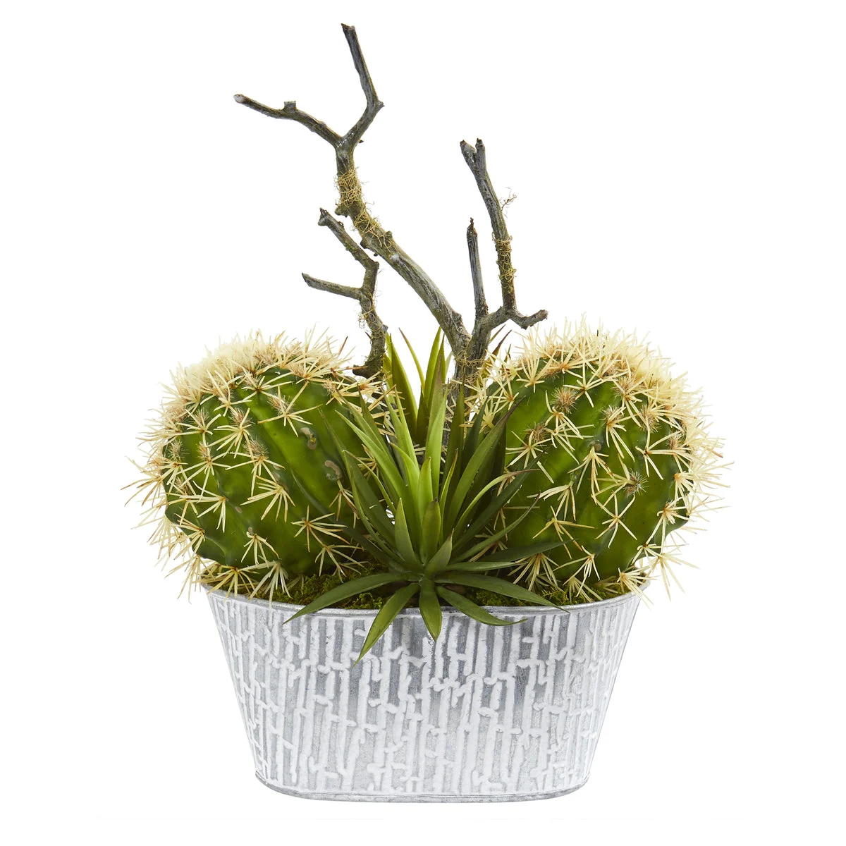 Nearly Natural P1281 14" Artificial Green Cactus & Agave Succulent Plant in White Tin Planter