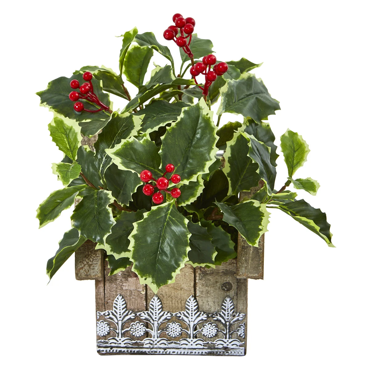 Nearly Natural 8830 12" Artificial Green Real Touch Variegated Holly Leaf Plant in Hanging Floral Design House Planter