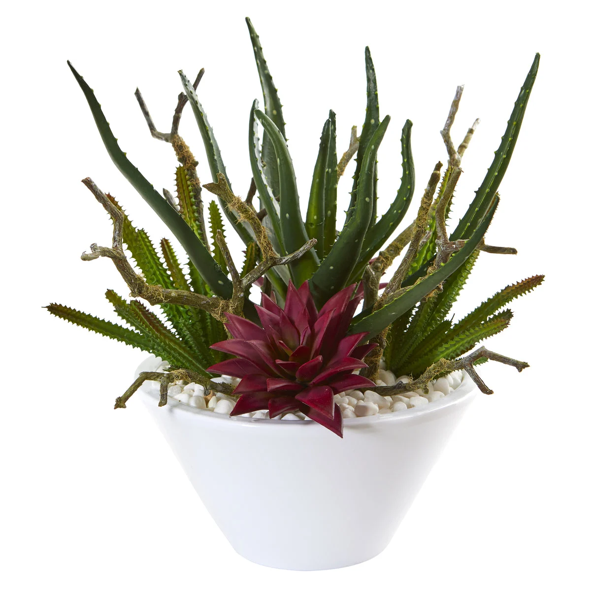 Nearly Natural P1153 13" Artificial Green & Maroon Mixed Succulent Plant in White Bowl