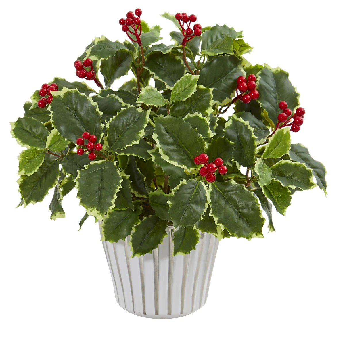 Nearly Natural 8698 15" Artificial Green Real Touch Variegated Holly Leaf Plant in Vase
