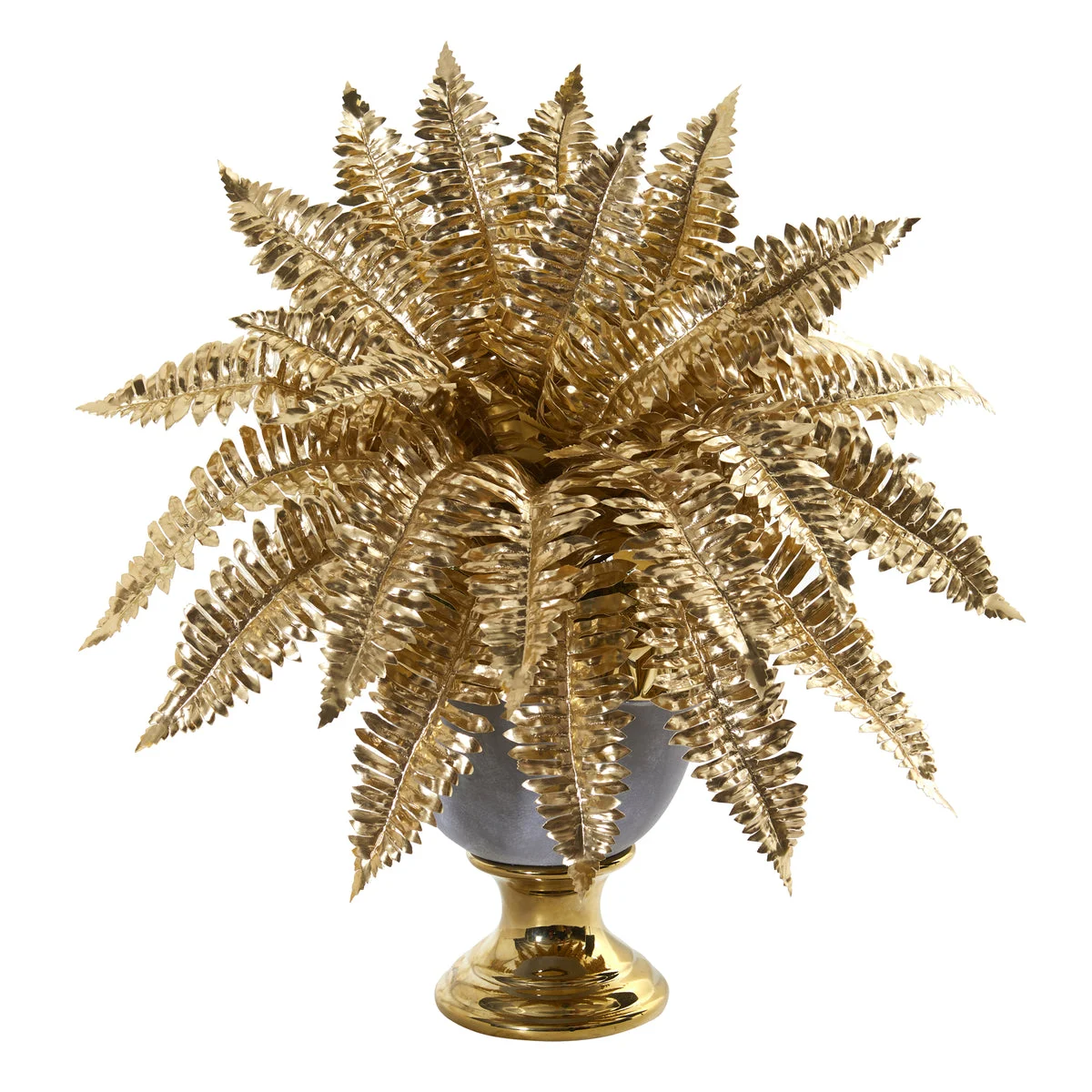 Nearly Natural P1100 16" Artificial Golden Boston Fern Plant in Stoneware Urn with Gold Trimming