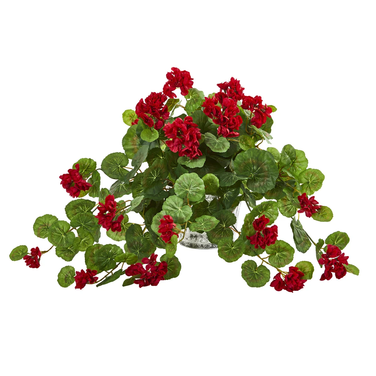 Nearly Natural 8643 15" Artificial Green & Red Geranium Plant in Vintage Hanging Planter