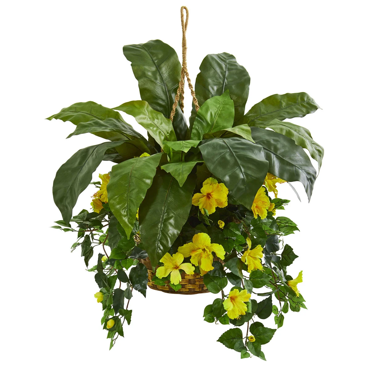 Nearly Natural 8108 27" Artificial Green & Yellow Birds Nest & Hibiscus Plant Hanging Basket