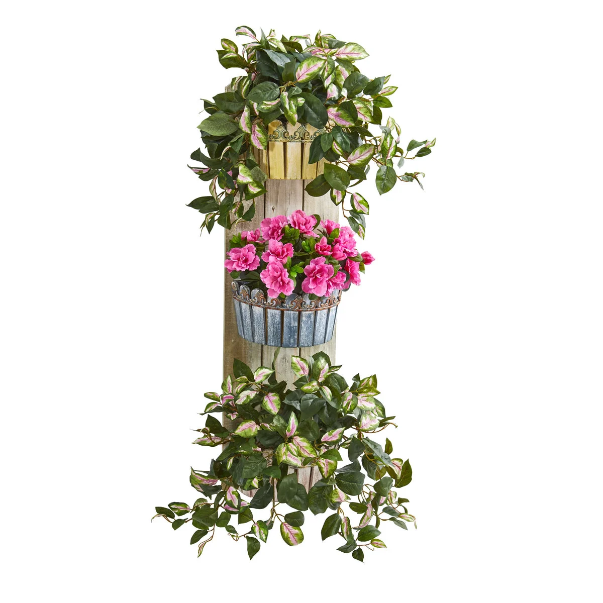 Nearly Natural 8349 39" Artificial Green & Pink Azalea & Hoya Plant in Wall Decor Planter