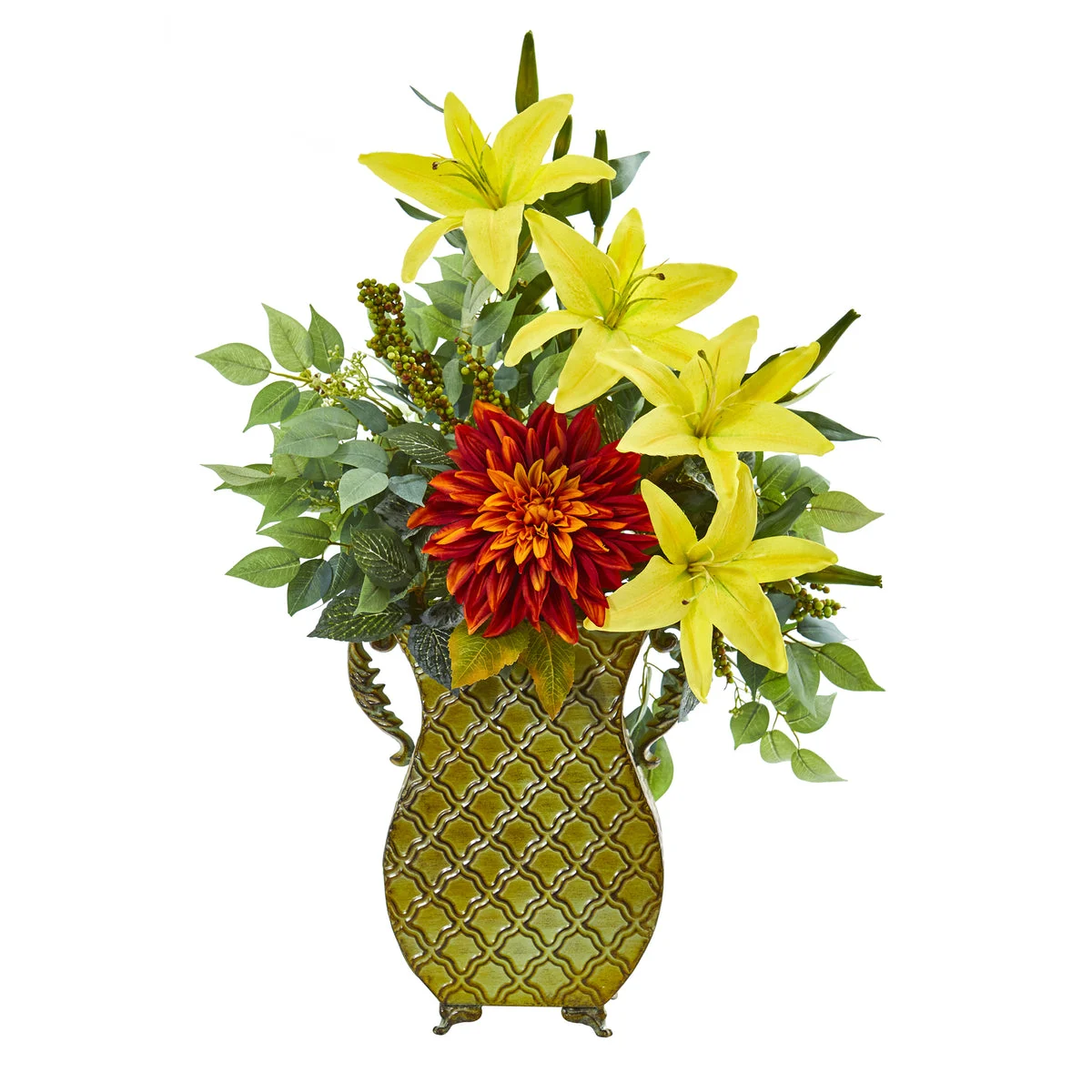 Nearly Natural 8790 25" Artificial Green & Yellow Dahlia, Lily & Ficus Plant in Metal Planter