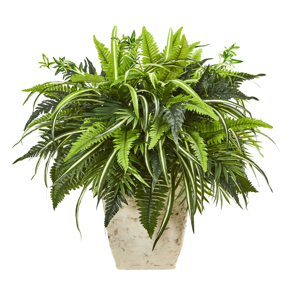 Nearly Natural 8774 23" Artificial Green Mixed Greens & Fern Plant in White Planter