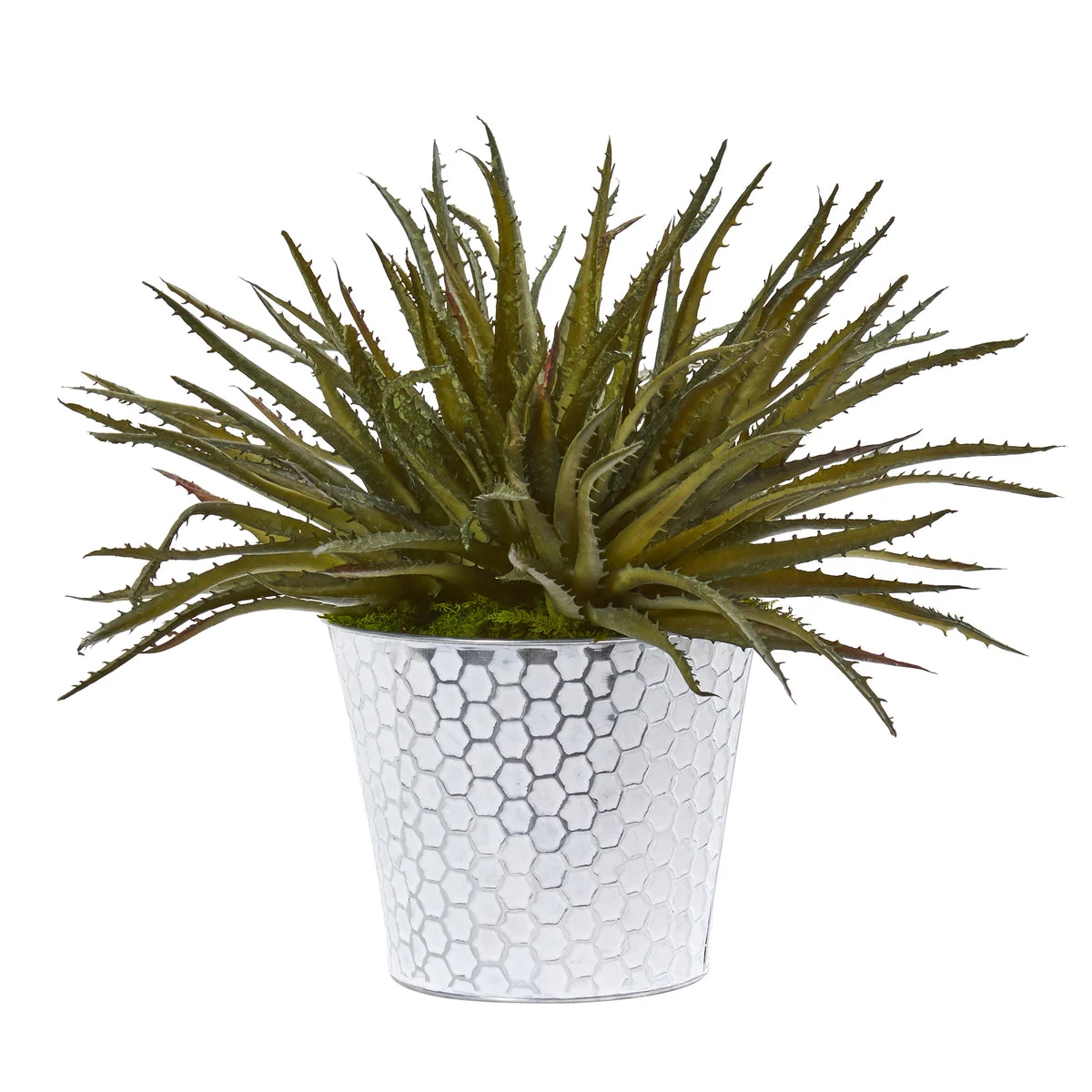 Nearly Natural 8896 13" Artificial Green Aloe Plant in White Embossed Planter