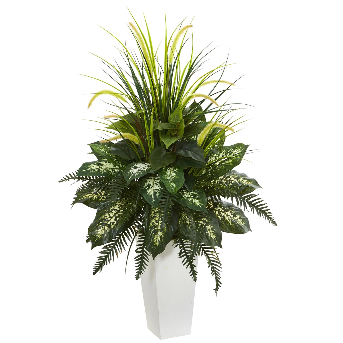 Nearly Natural 6382 Artificial Green Mixed River Fern & Dogtail Plant in White Tower Planter
