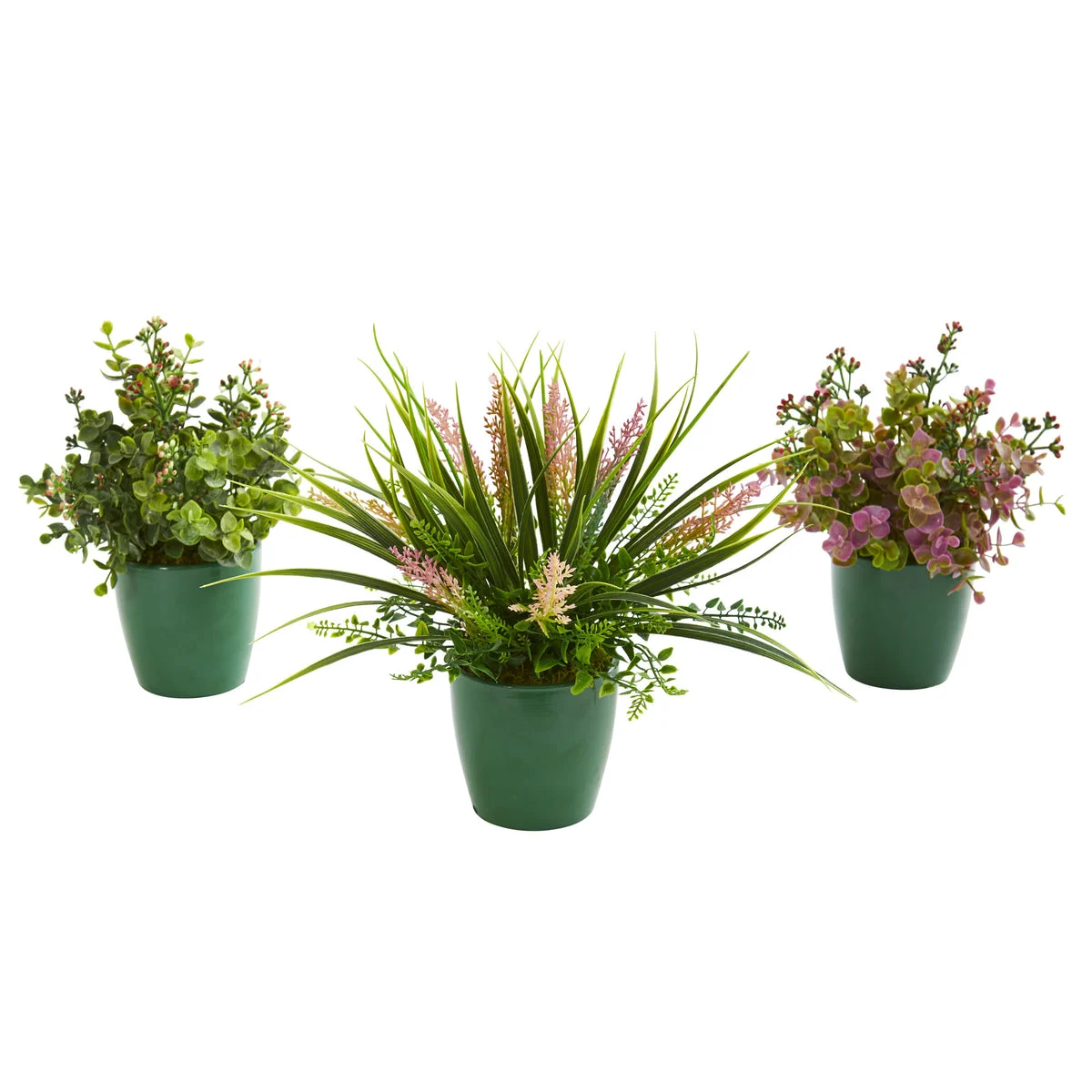 Nearly Natural 8200-S3 11" Artificial Green Eucalyptus, Grass & Sedum Plant in Green Planter, Set of 3