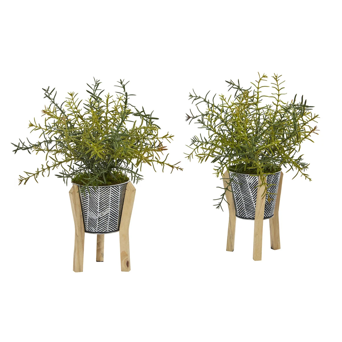 Nearly Natural 8920-S2 14" Artificial Green Rosemary Plant in Tin Planter with Legs, Set of 2