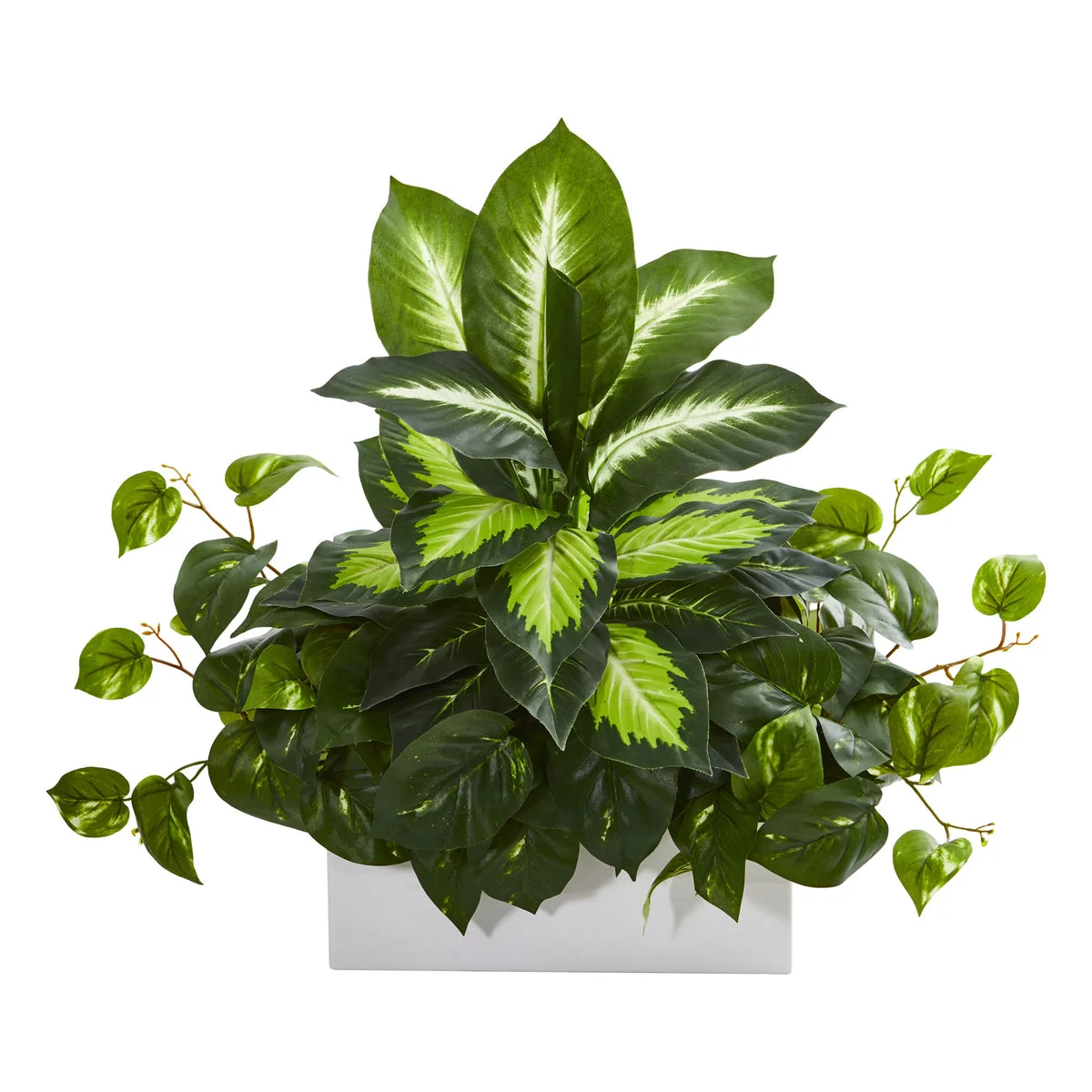 Nearly Natural 8262 21" Artificial Green Golden Dieffenbachia & Pothos Plant in White Planter