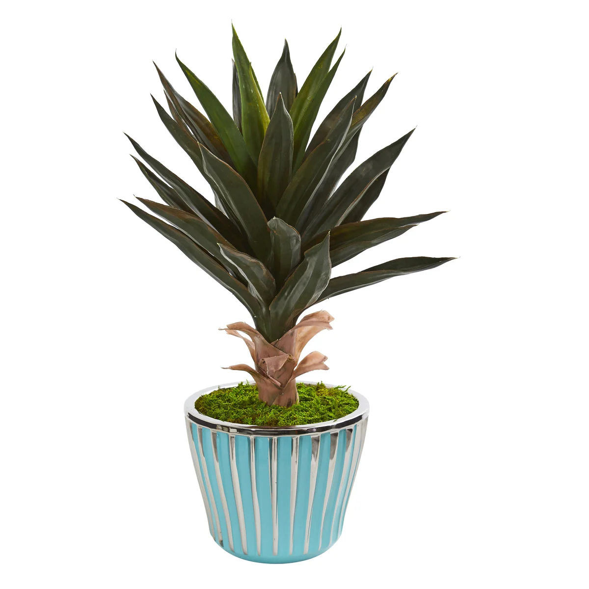 Nearly Natural 9775 21" Artificial Green Agave Plant in a Turquoise Planter with Silver Trimming
