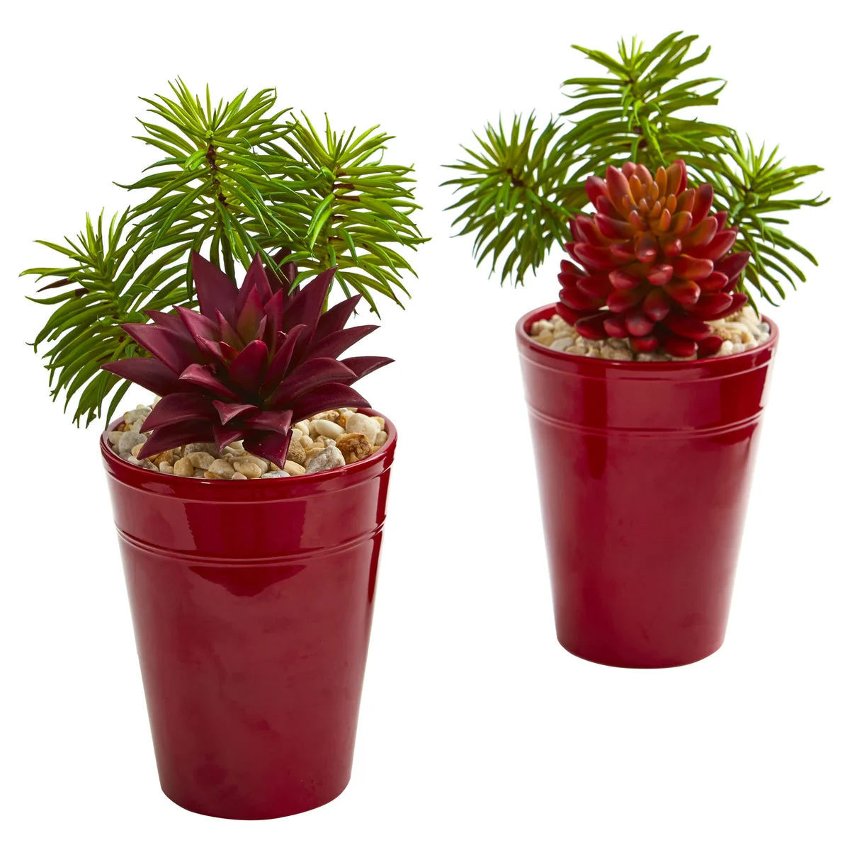 Nearly Natural 8440-S2 12" Artificial Green & Maroon Mixed Succulents Plant in Burgundy Vase, Set of 2