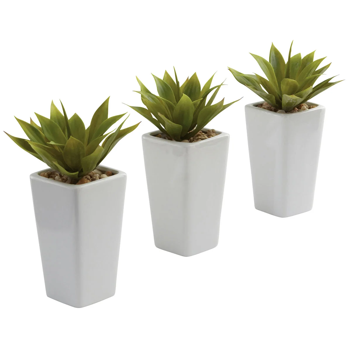 Nearly Natural 4972-S3 9" Artificial Green Mini Agave with White Planter, Set of 3