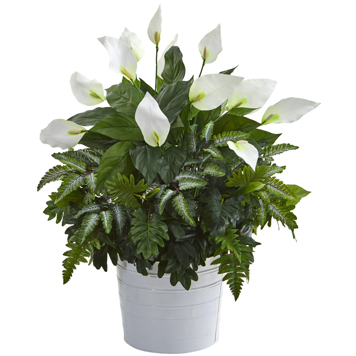 Nearly Natural P1017 30" Artificial Green & White Mixed Spathiphyllum Plant in White Tin Planter