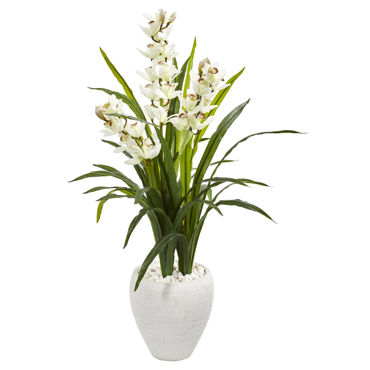 Nearly Natural 9444 4' Artificial Green & White Cymbidium Orchid Plant in White Planter