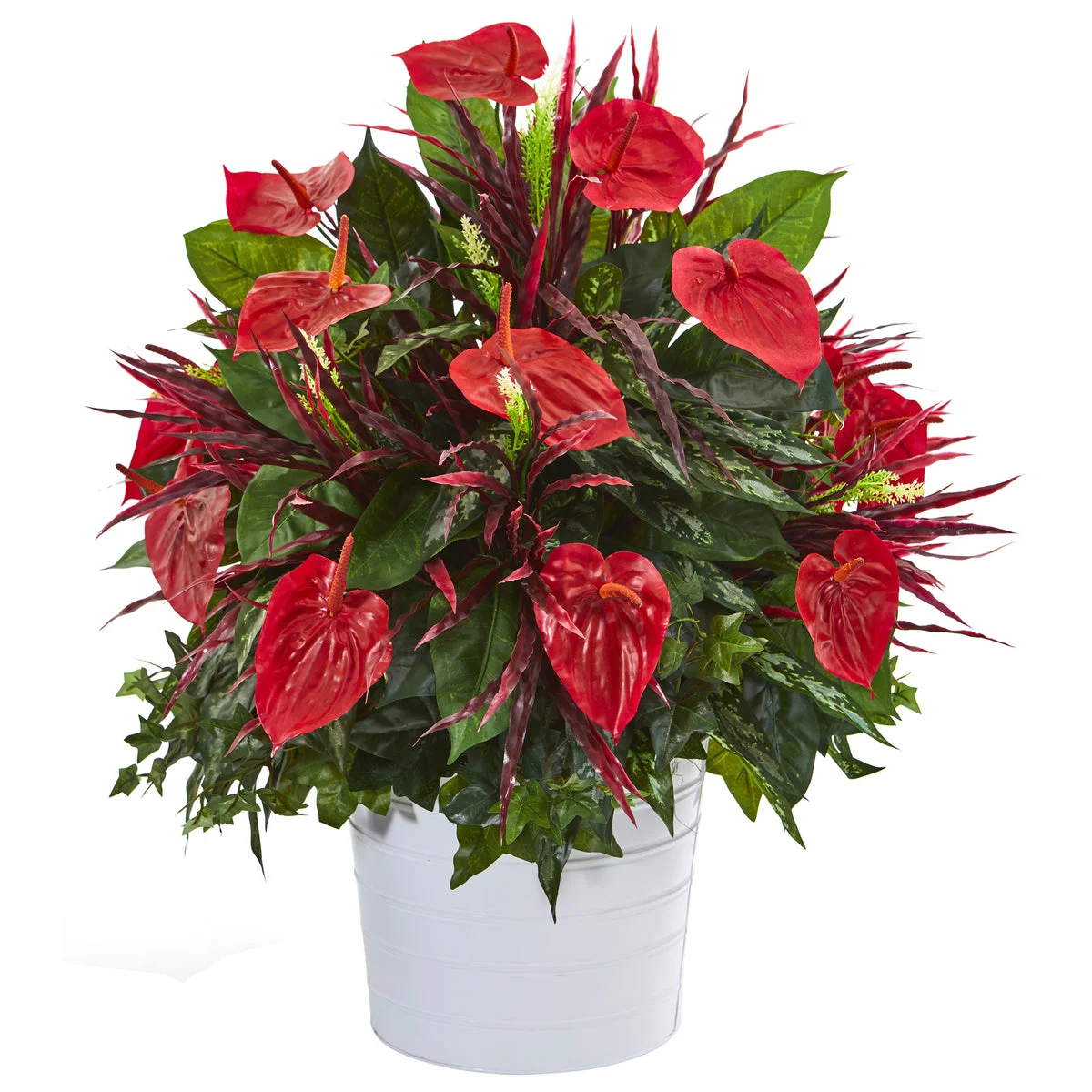 Nearly Natural P1041 29" Artificial Green & Red Mixed Anthurium Plant in White Tin Planter