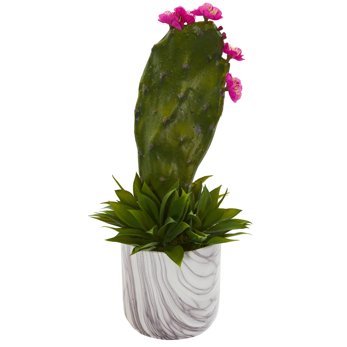 Nearly Natural P1258 17" Artificial Green Cactus & Agave Succulent Plant in Marble Planter