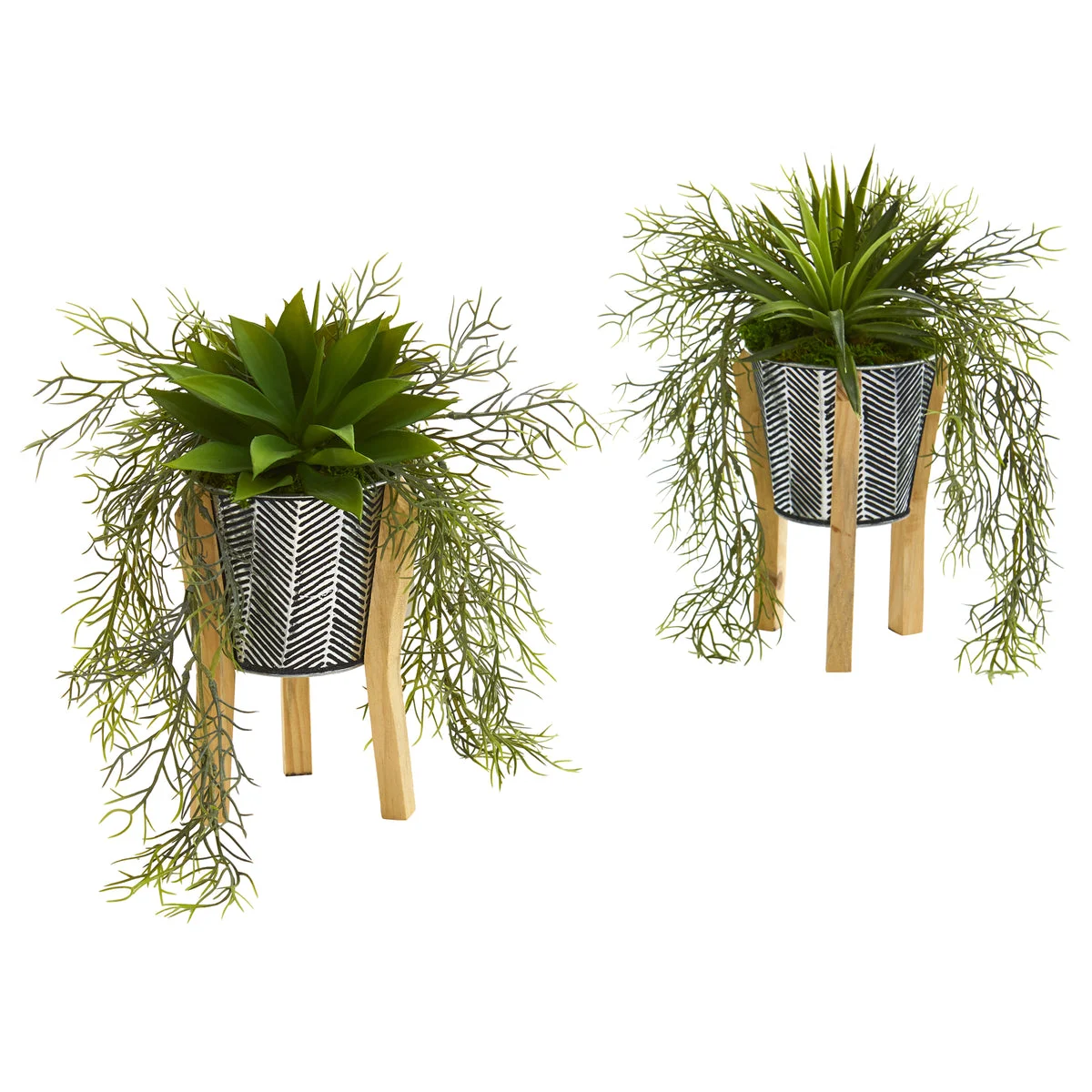 Nearly Natural P1150-S2 11" Artificial Green Agave Succulent Plant in Tin Planter with Legs, Set of 2