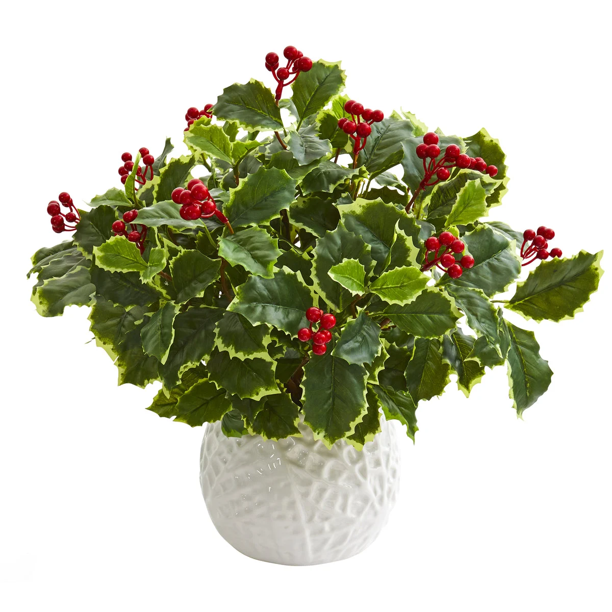 Nearly Natural P1287 16" Artificial Green & Red Real Touch Variegated Holly Plant in White Planter