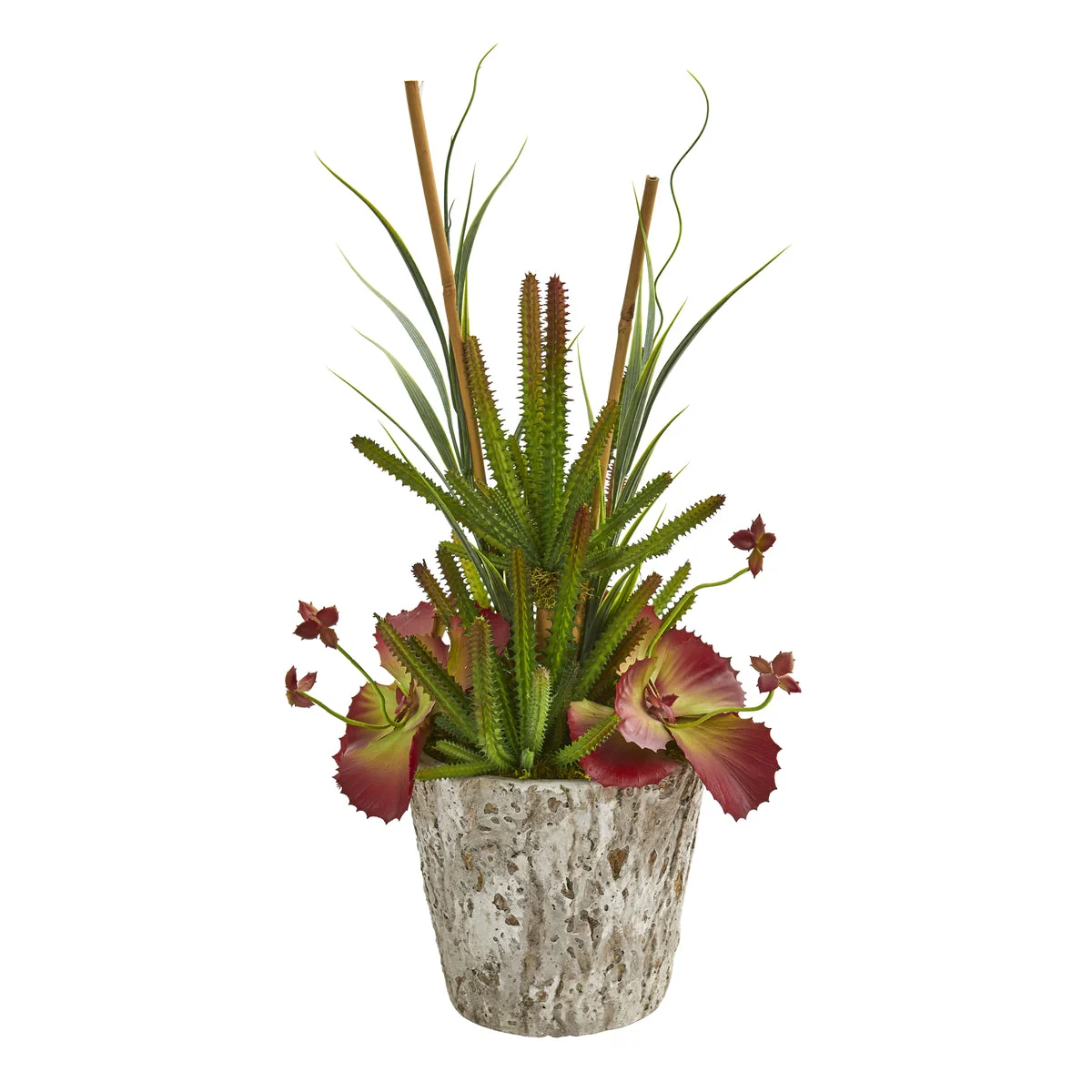 Nearly Natural P1195 21" Artificial Green & Maroon Succulent & Grass Plant in Weathered Oak Planter