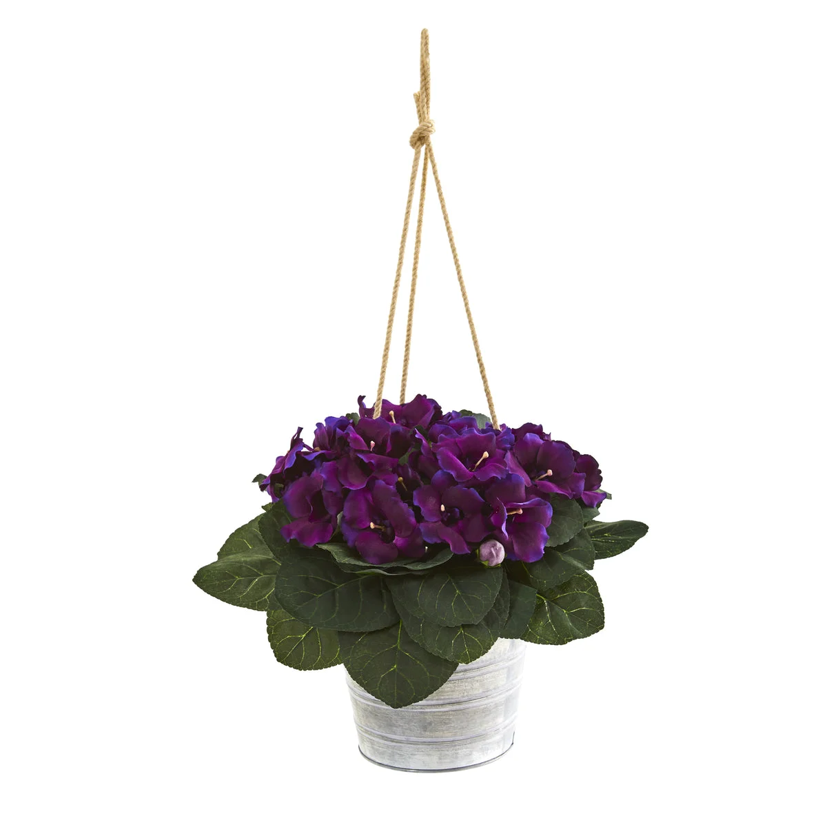 Nearly Natural P1003 25" Artificial Green & Purple Gloxinia Plant in Hanging Metal Bucket