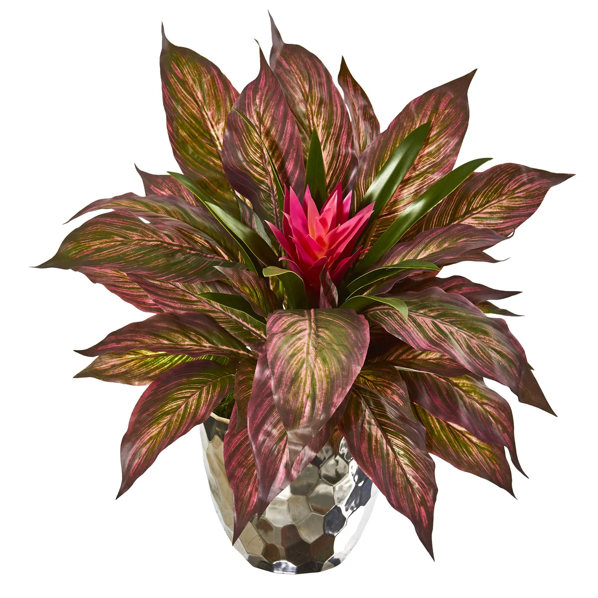 Nearly Natural 8679 14" Artificial Purple Ginger & Musa Leaf Plant in Silver Planter