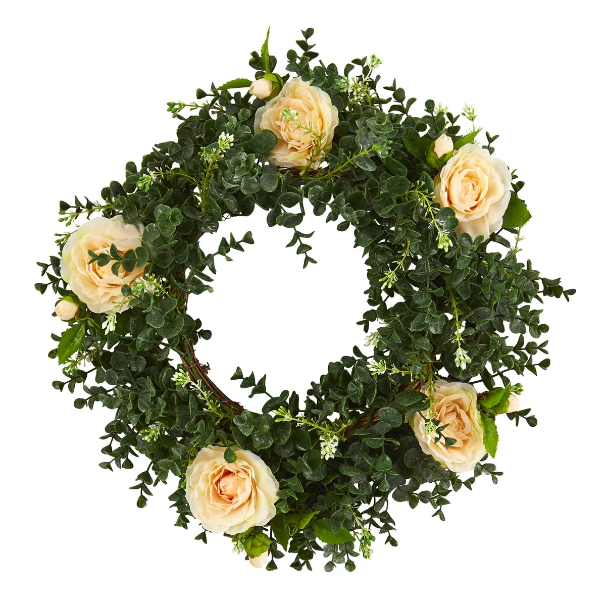 Nearly Natural 18`` Eucalyptus and Camellia Double Ring Artificial Wreath with Twig Base