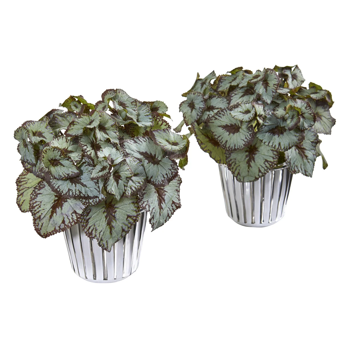 Nearly Natural 8799-S2 10" Artificial Green Begonia Plant in White & Silver Trimmed Vase, Set of 2