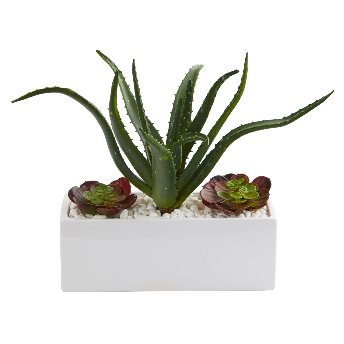 Nearly Natural P1277 12" Artificial Green Aloe & Echeveria Succulent Plant in White Planter
