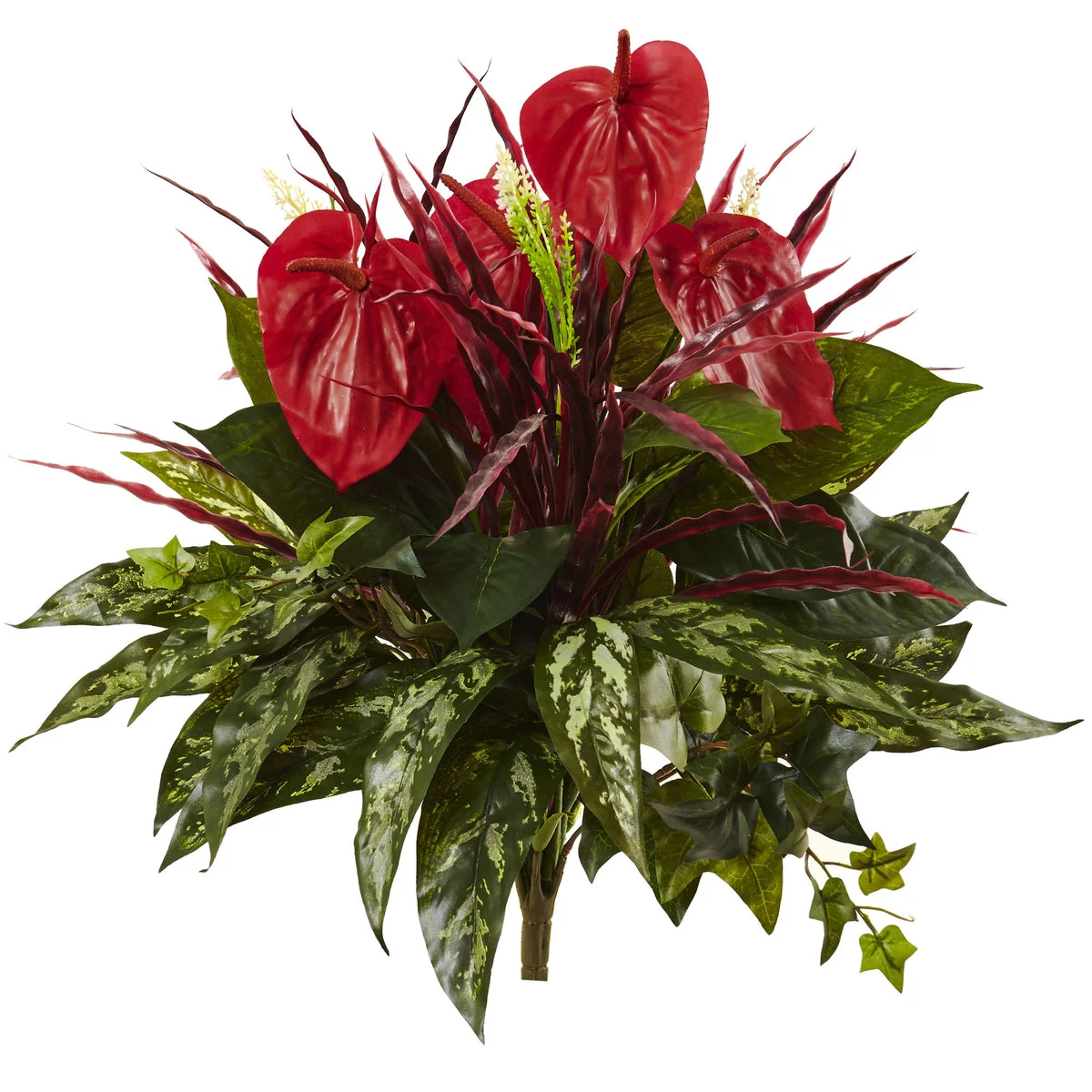 Nearly Natural 6145-S2 24" Artificial Green & Red Mixed Anthurium Bush, Set of 2