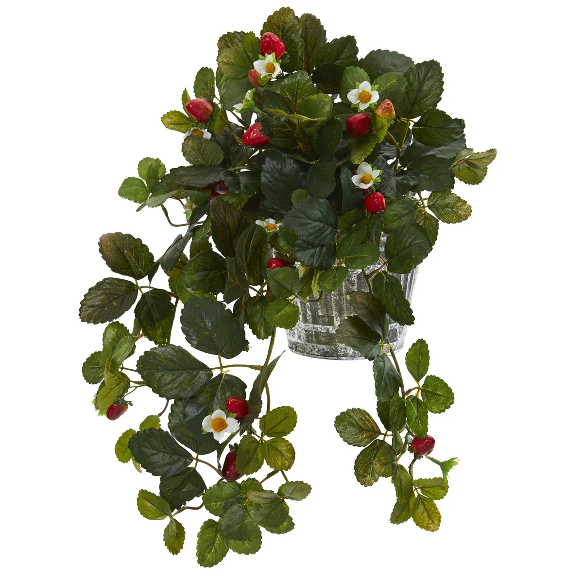 Nearly Natural P1289 13" Artificial Green Strawberry Plant in Vintage Hanging Metal Planter