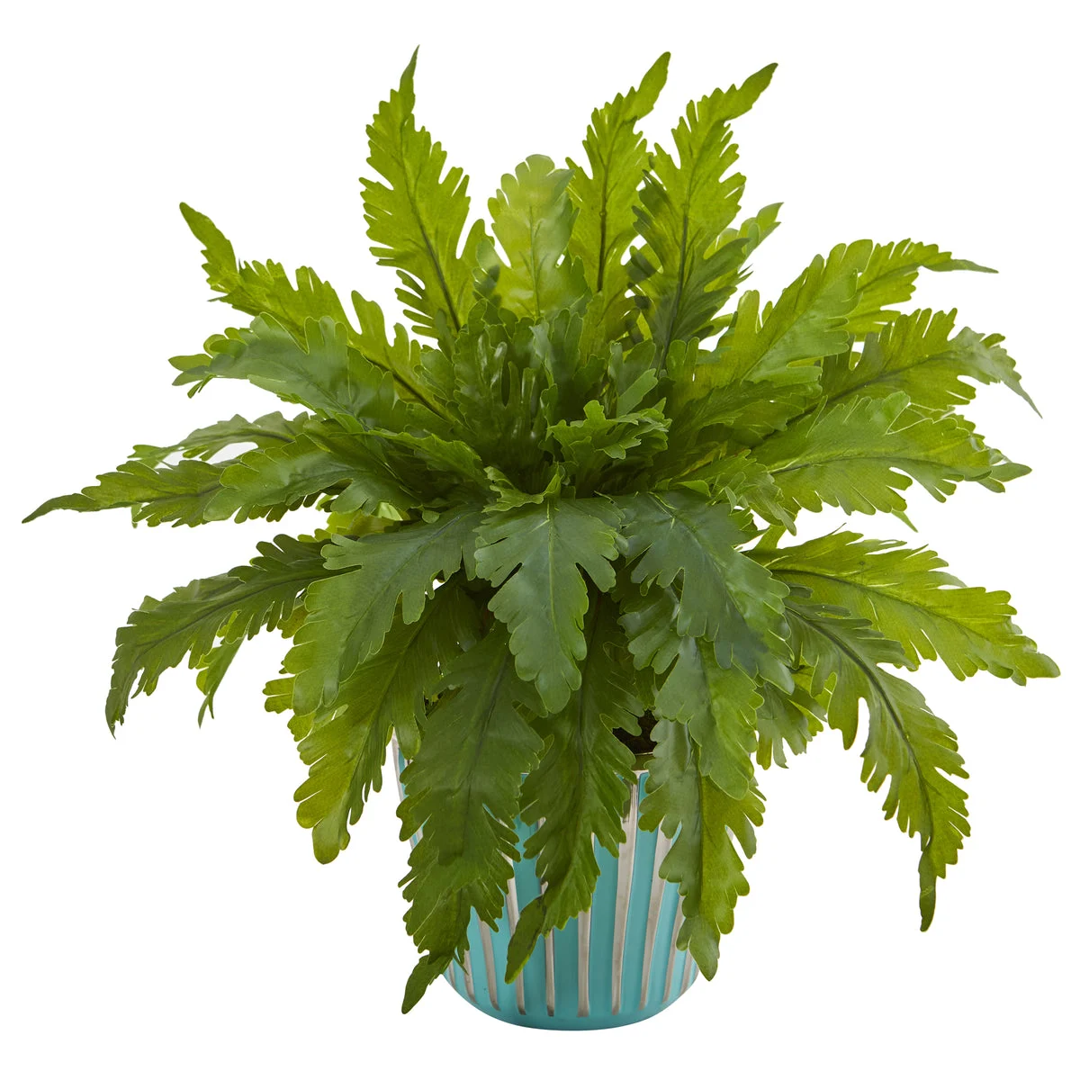 Nearly Natural 8345 14" Artificial Green Fern Plant in Light Blue Planter