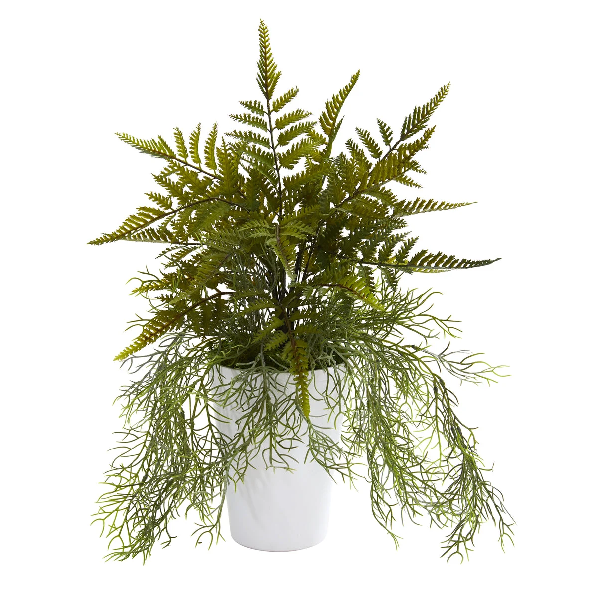 Nearly Natural P1208 13" Artificial Green Fern & Tillandsia Moss Plant in White Planter