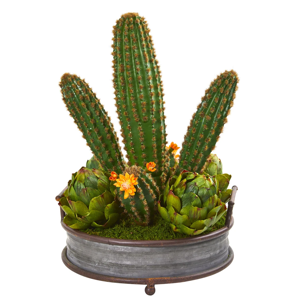 Nearly Natural 8631 17" Artificial Green Cactus & Artichokes Garden Plant in Metal Planter