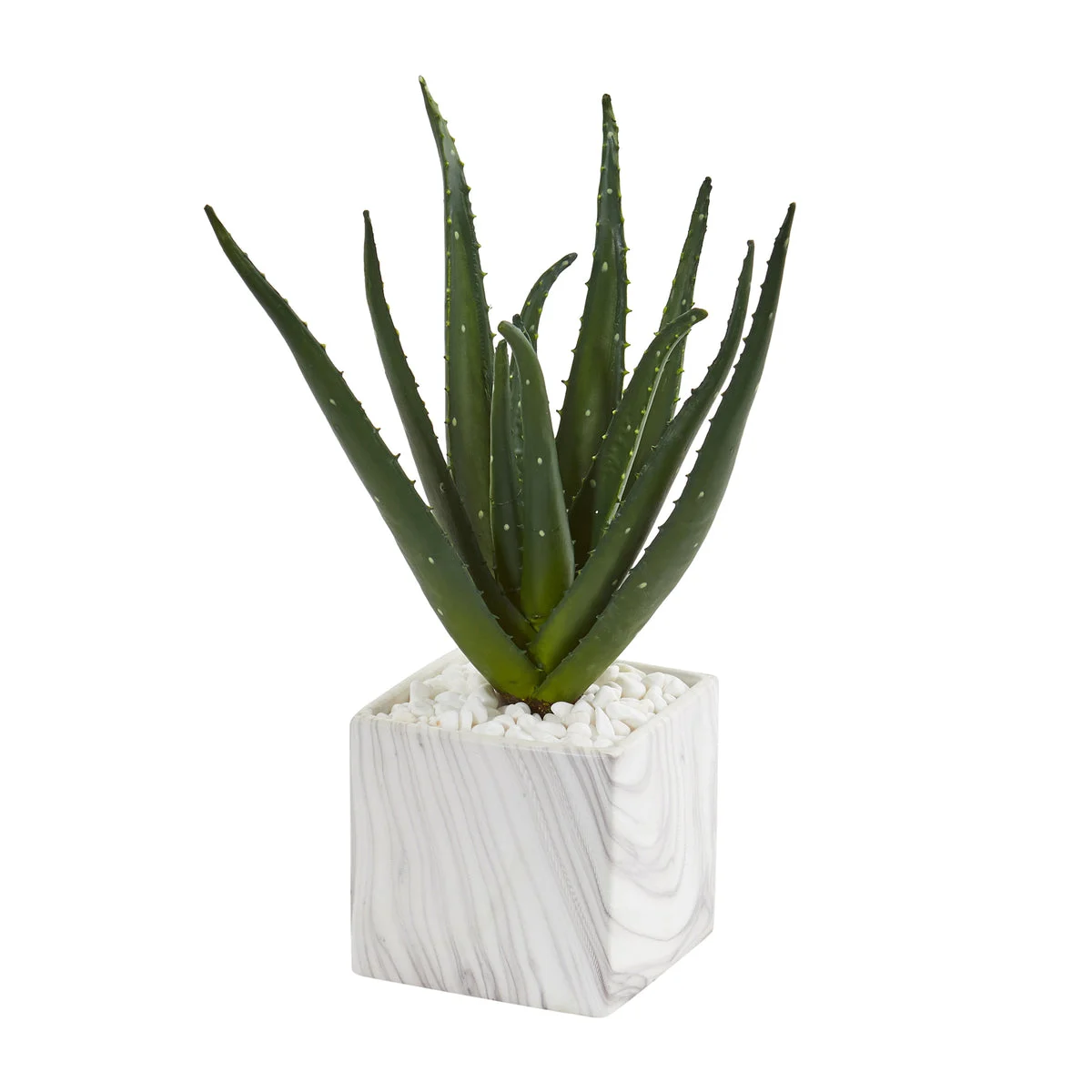 Nearly Natural 8741 15" Artificial Green Aloe Plant in Marble Finish Vase