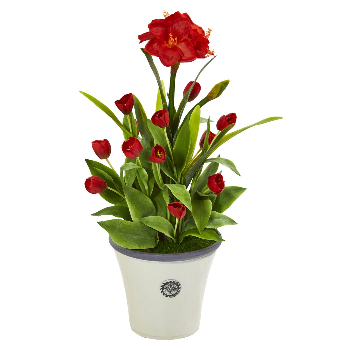 Nearly Natural P1139 39" Artificial Green & Red Amaryllis & Tulip Plant in Decorative Planter