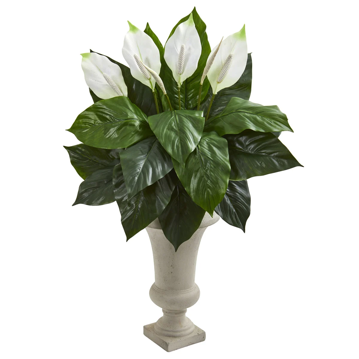 Nearly Natural 8238 26" Artificial Green & White Spathifyllum Plant in Sand Colored Urn