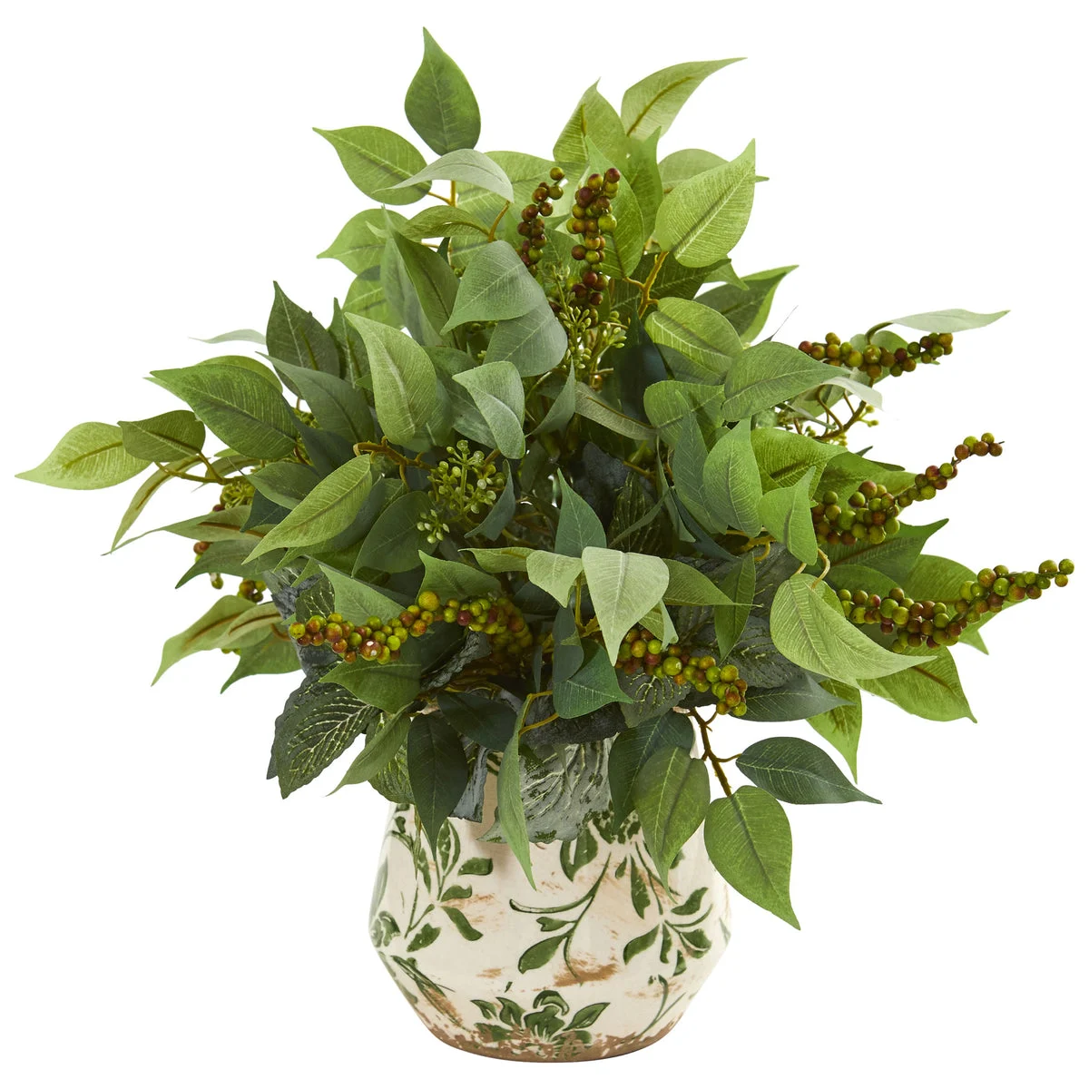 Nearly Natural 8549 13" Artificial Green Mixed Ficus, Fittonia & Berries Plant in Floral Vase