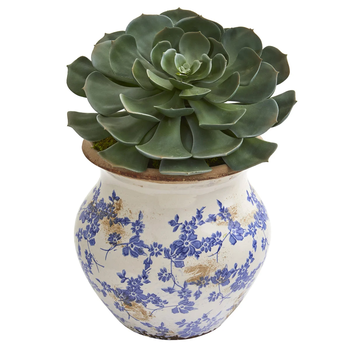 Nearly Natural P1233 12" Artificial Green Echeveria Succulent Pick Plant in Vintage Floral Planter