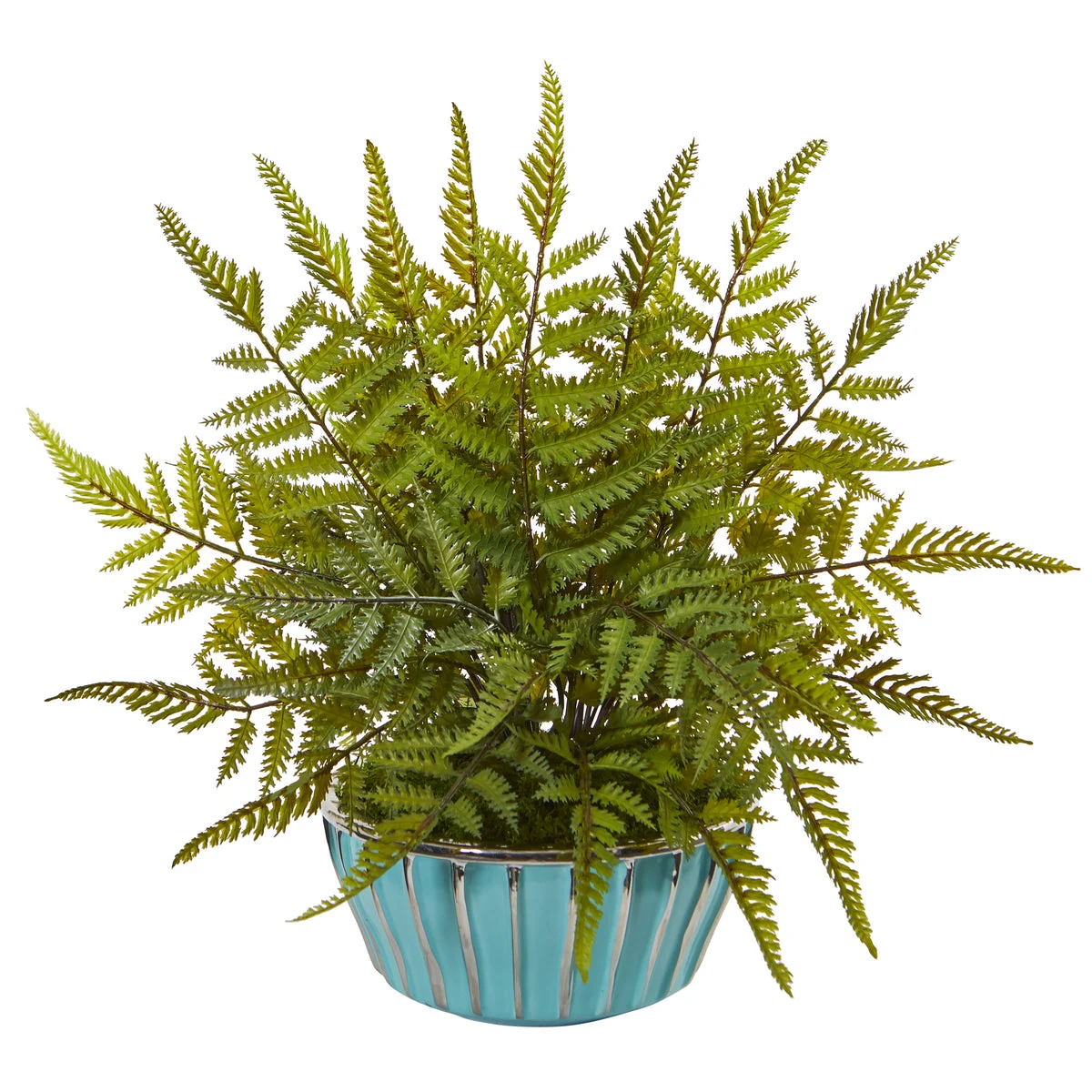Nearly Natural 8813 12" Artificial Green Fern Plant in Turquoise Bowl with Silver Trimming