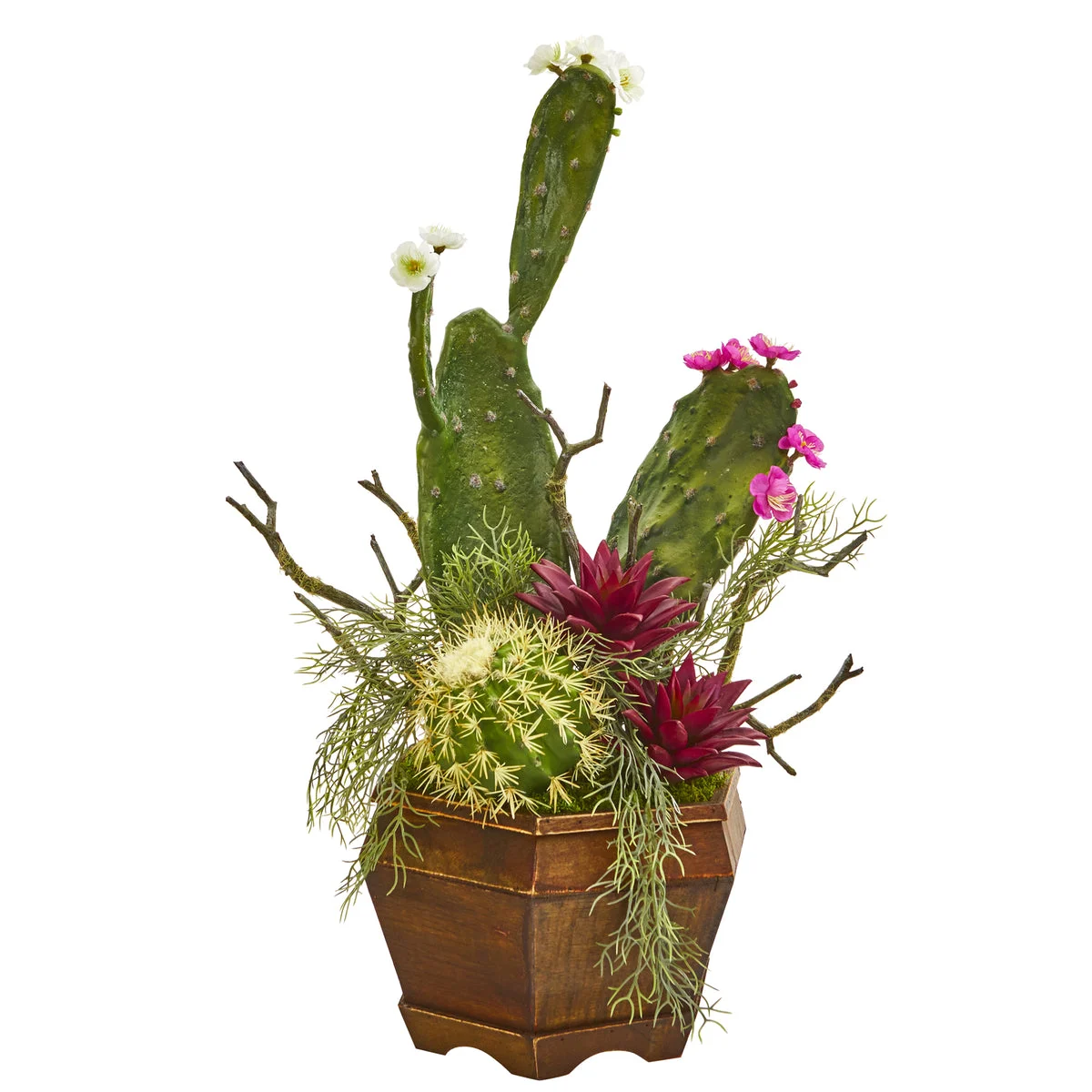 Nearly Natural P1009 26" Artificial Green & Pink Mixed Cactus Plant in Decorative Planter
