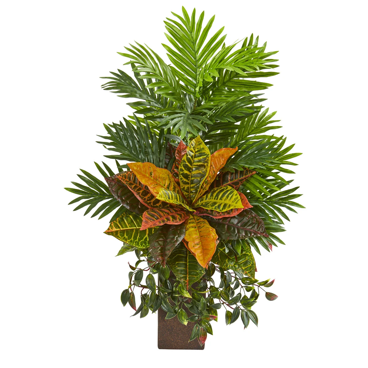 Nearly Natural 8750 32" Artificial Green Areca Palm & Croton Plant in Weathered Vase