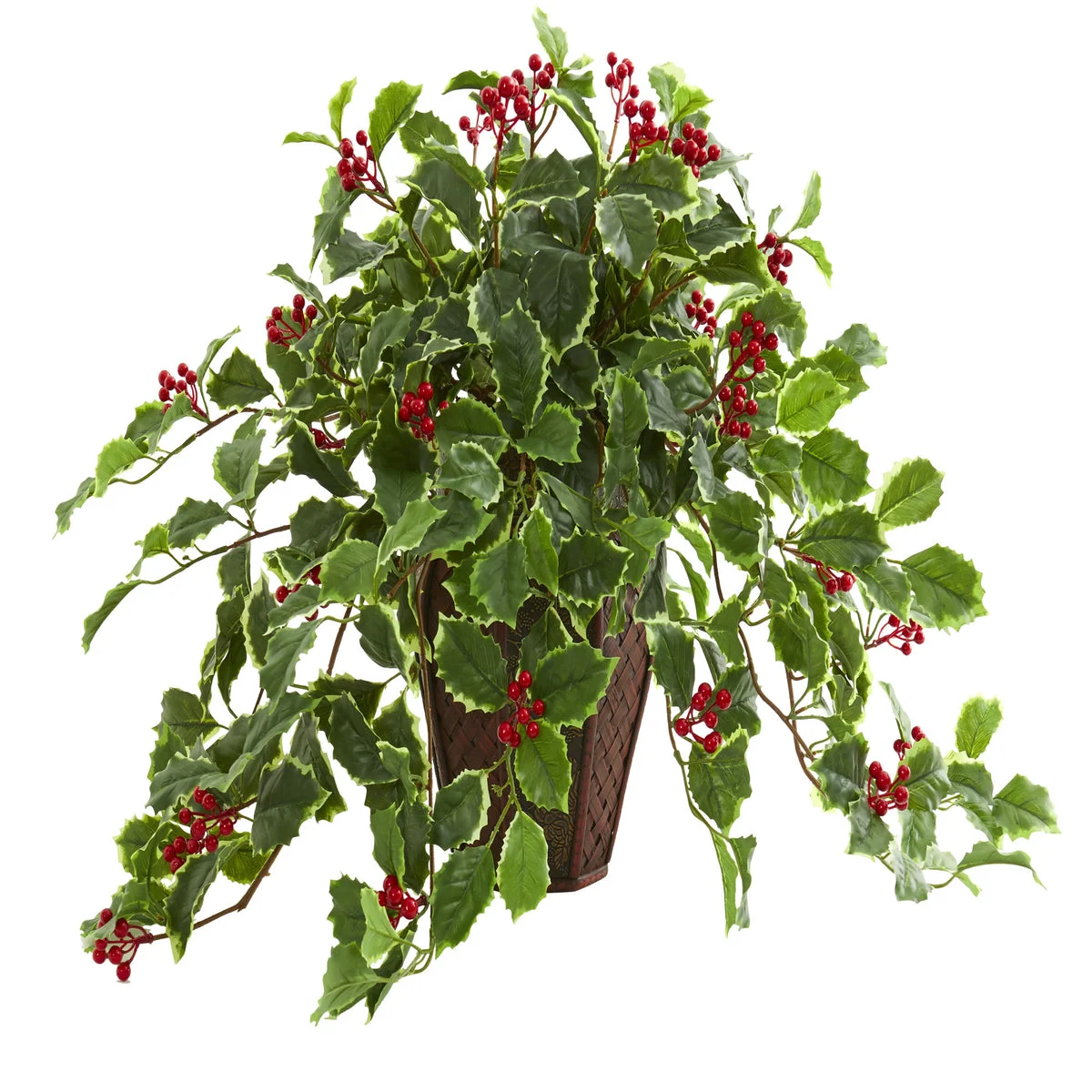 Nearly Natural 8544 18" Artificial Green Real Touch Variegated Holly Plant in Decorative Planter