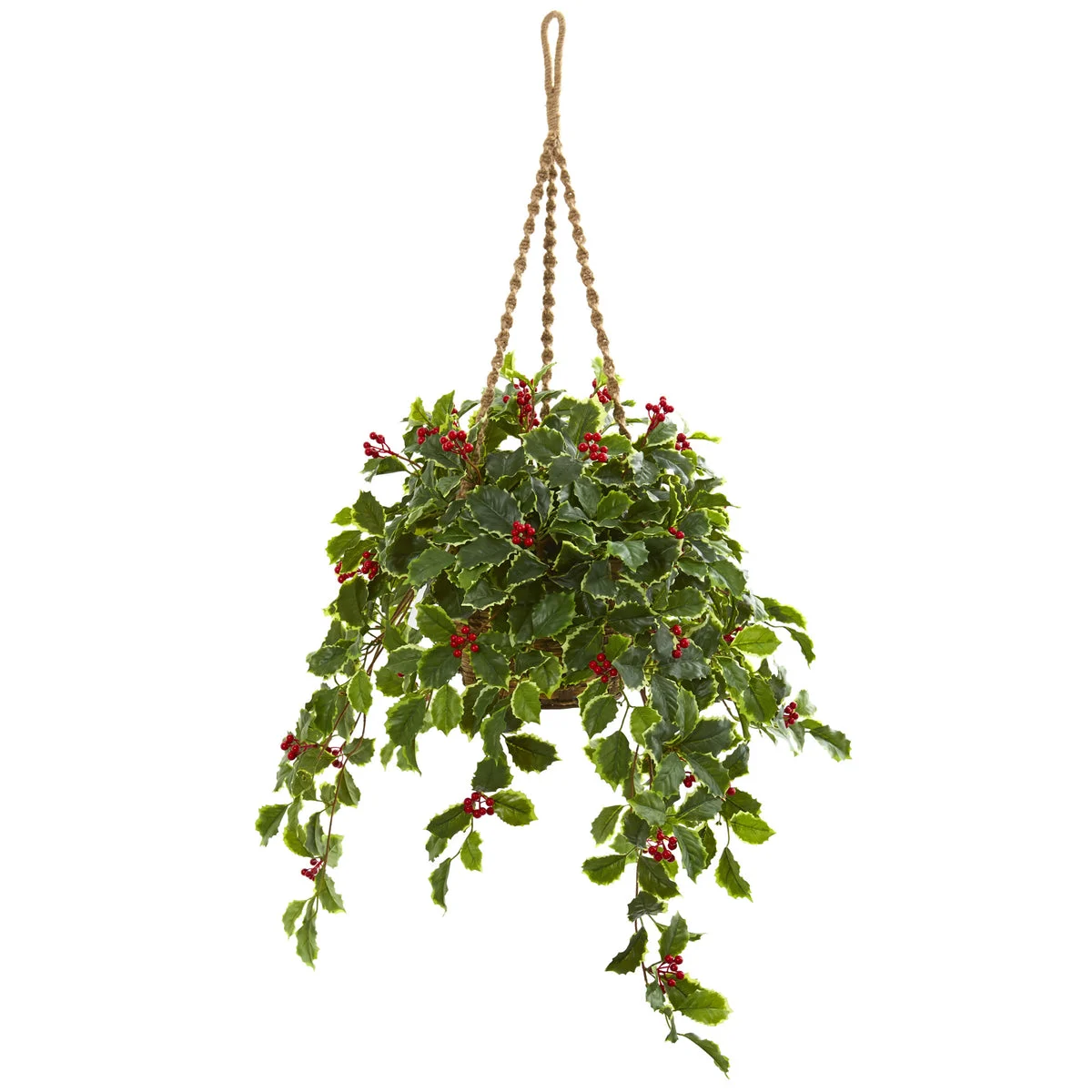 Nearly Natural 8520 40" Artificial Green Real Touch Variegated Holly with Berries Plant in Hanging Basket